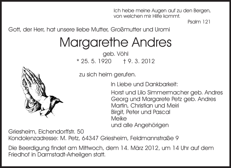  Traueranzeige für Margarethe Andres vom 12.03.2012 aus Echo-Zeitungen (Gesamtausgabe)