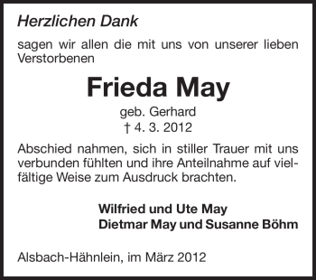 Traueranzeige von Frieda May von Echo-Zeitungen (Gesamtausgabe)