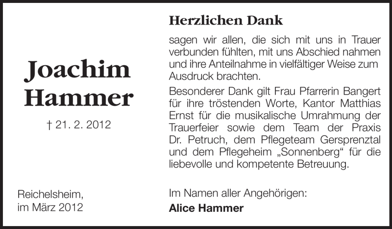  Traueranzeige für Joachim Hammer vom 17.03.2012 aus Odenwälder Echo