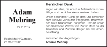 Traueranzeige von Adam Mehring von Echo-Zeitungen (Gesamtausgabe)