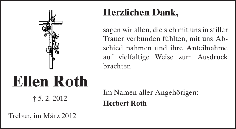  Traueranzeige für Ellen Roth vom 16.03.2012 aus Rüsselsheimer Echo, Groß-Gerauer-Echo, Ried Echo