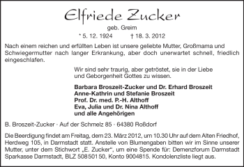 Traueranzeige von Elfriede Zucker von Echo-Zeitungen (Gesamtausgabe)