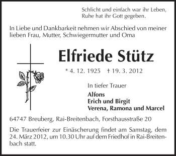 Traueranzeige von Elfriede Stütz von Odenwälder Echo