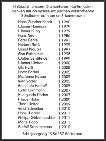 Traueranzeige von Schuljahrgang 1936/37 gedenken von Rüsselsheimer Echo, Groß-Gerauer-Echo, Ried Echo
