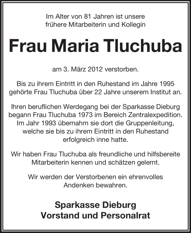  Traueranzeige für Maria Tluchuba vom 23.03.2012 aus Echo-Zeitungen (Gesamtausgabe)