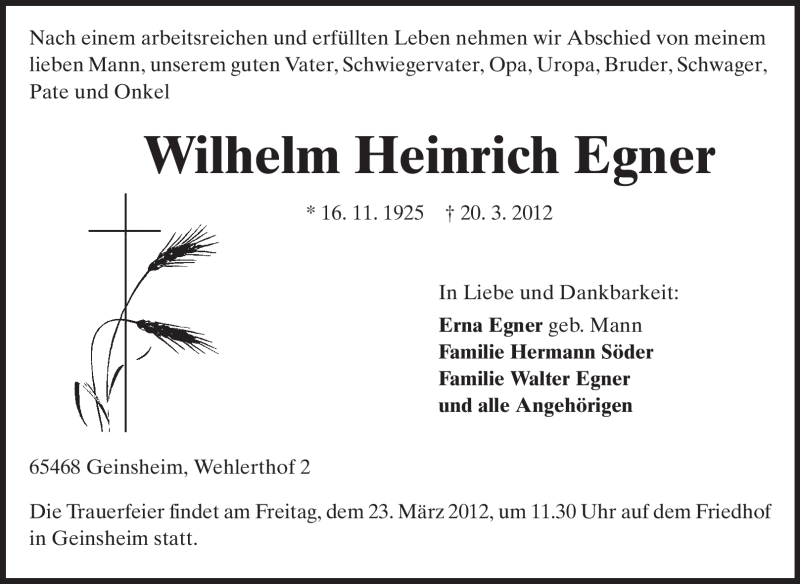  Traueranzeige für Wilhelm Heinrich Egner vom 22.03.2012 aus Rüsselsheimer Echo, Groß-Gerauer-Echo, Ried Echo