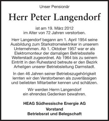 Traueranzeige von Peter Langendorf von Echo-Zeitungen (Gesamtausgabe)