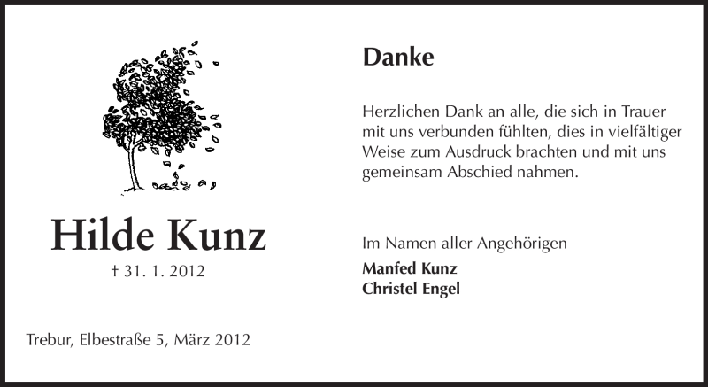  Traueranzeige für Hilde Kunz vom 24.03.2012 aus Rüsselsheimer Echo, Groß-Gerauer-Echo, Ried Echo