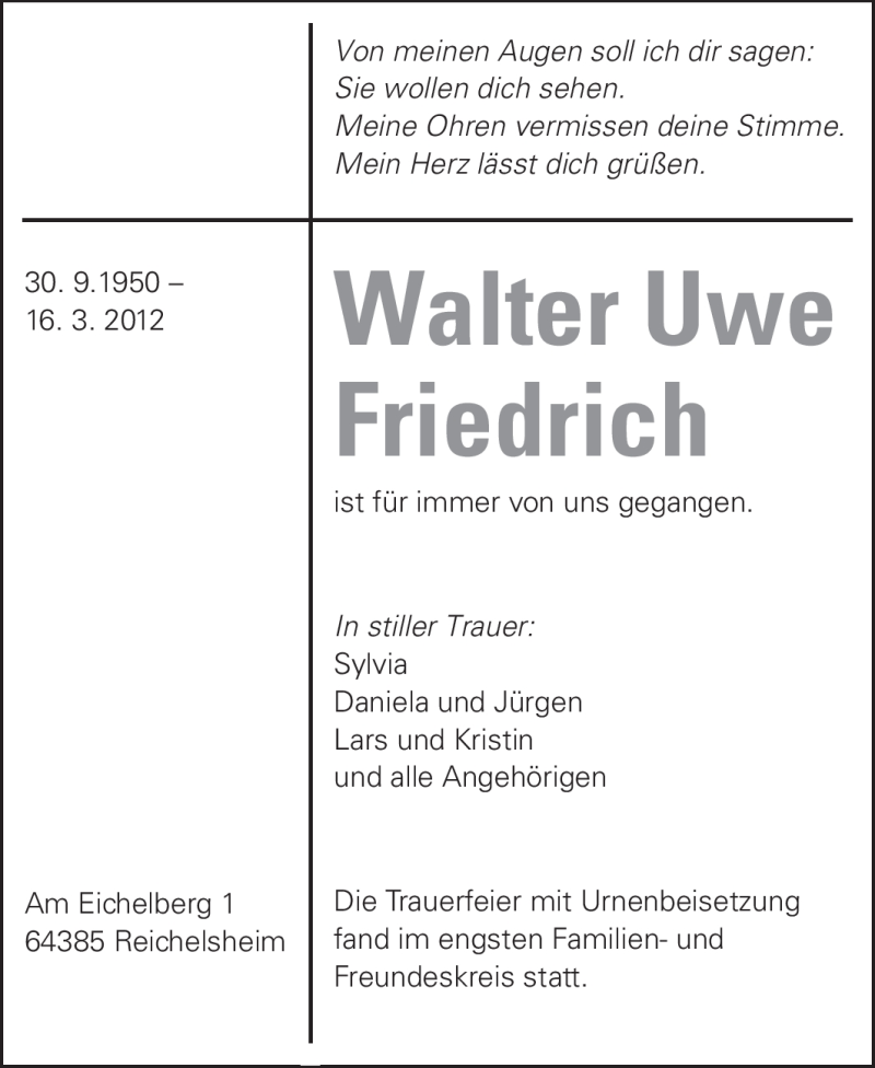  Traueranzeige für Walter Uwe Friedrich vom 30.03.2012 aus Odenwälder Echo