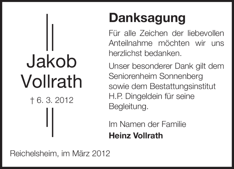  Traueranzeige für Jakob Vollrath vom 31.03.2012 aus Odenwälder Echo