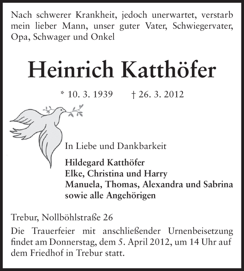  Traueranzeige für Heinrich Katthöfer vom 31.03.2012 aus Rüsselsheimer Echo, Groß-Gerauer-Echo, Ried Echo
