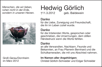 Traueranzeige von Hedwig Görlich von Rüsselsheimer Echo, Groß-Gerauer-Echo, Ried Echo