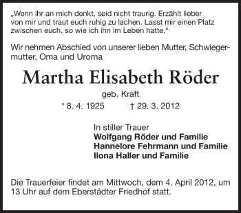 Traueranzeige von Martha Elisabeth Röder von Echo-Zeitungen (Gesamtausgabe)