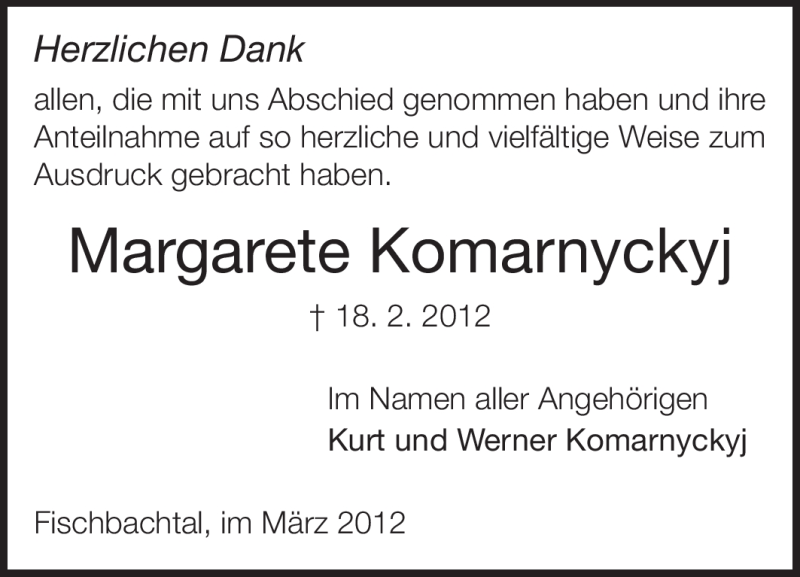  Traueranzeige für Margarete Komarnyckyj vom 31.03.2012 aus Echo-Zeitungen (Gesamtausgabe)