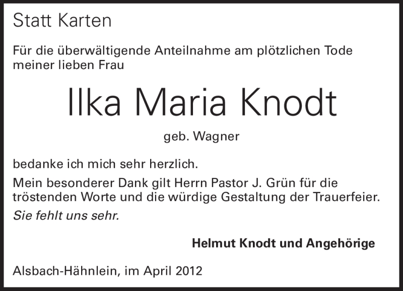  Traueranzeige für Ilka Maria Knodt vom 07.04.2012 aus Echo-Zeitungen (Gesamtausgabe)