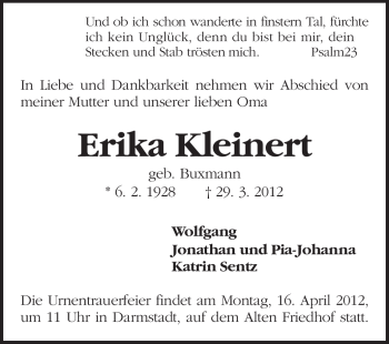 Traueranzeige von Erika Kleinert von Echo-Zeitungen (Gesamtausgabe)