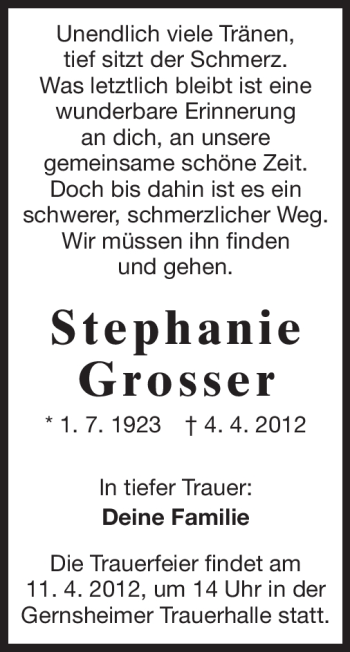 Traueranzeige von Stephanie Grosser von Echo-Zeitungen (Gesamtausgabe)
