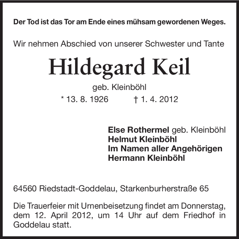  Traueranzeige für Hildegard Keil vom 10.04.2012 aus Echo-Zeitungen (Gesamtausgabe)