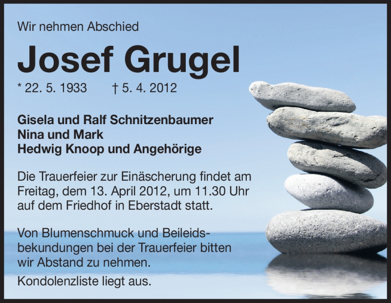 Traueranzeige für Josef Grugel vom 11.04.2012 aus Echo-Zeitungen (Gesamtausgabe)
