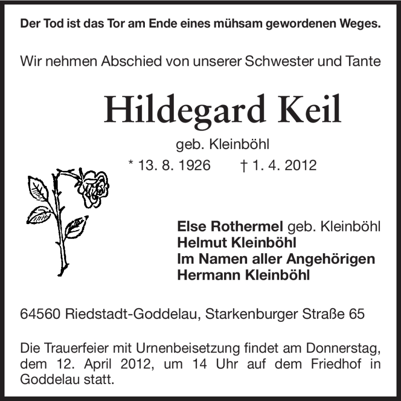  Traueranzeige für Hildegard Keil vom 11.04.2012 aus Rüsselsheimer Echo, Groß-Gerauer-Echo, Ried Echo