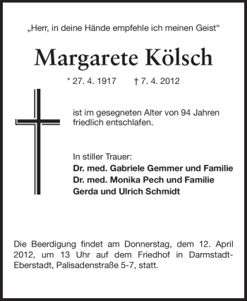 Traueranzeige von Margarete Kölsch von Echo-Zeitungen (Gesamtausgabe)
