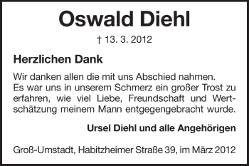 Traueranzeige von Oswald Diehl von Darmstädter Echo, Odenwälder Echo, Rüsselsheimer Echo, Groß-Gerauer-Echo, Ried Echo