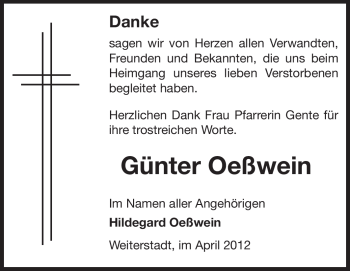 Traueranzeige von Günter Oeßwein von Echo-Zeitungen (Gesamtausgabe)