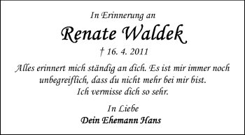 Traueranzeige von Renate Waldek von Odenwälder Echo