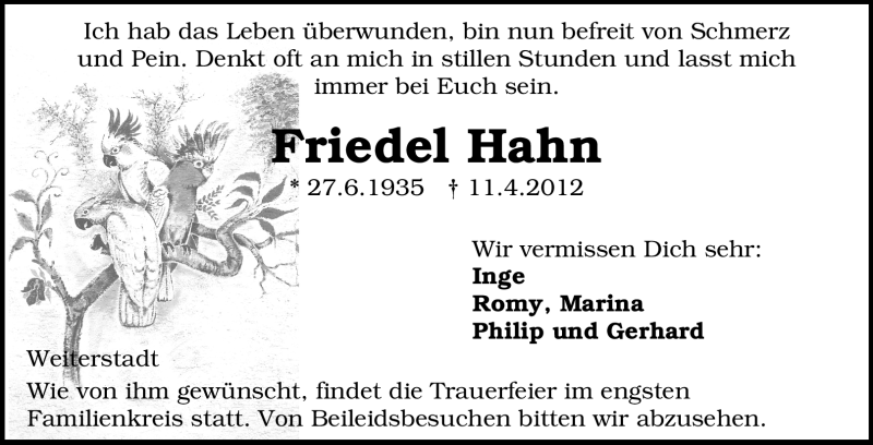  Traueranzeige für Friedel Hahn vom 14.04.2012 aus Echo-Zeitungen (Gesamtausgabe)