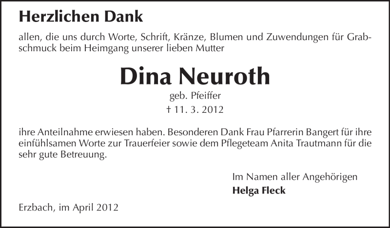  Traueranzeige für Dina Neuroth vom 21.04.2012 aus Odenwälder Echo