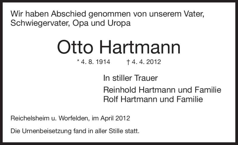  Traueranzeige für Otto Hartmann vom 21.04.2012 aus Rüsselsheimer Echo, Groß-Gerauer-Echo, Ried Echo