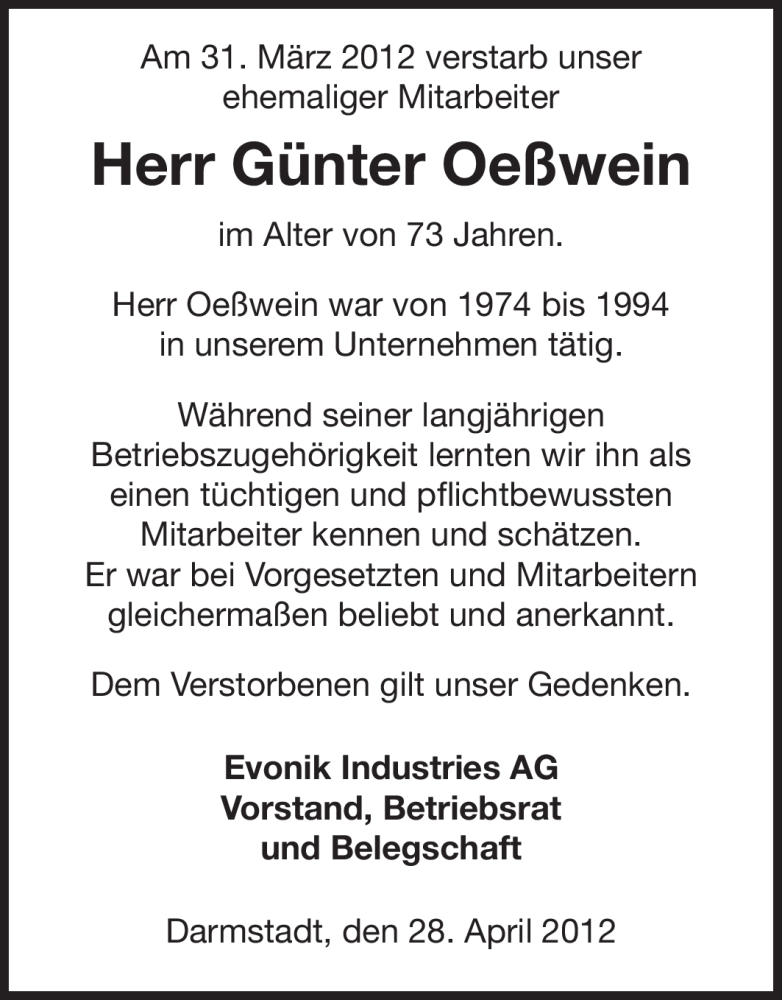  Traueranzeige für Günter Oeßwein vom 28.04.2012 aus Echo-Zeitungen (Gesamtausgabe)