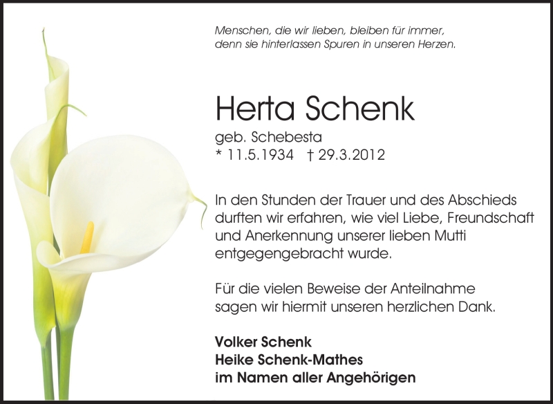  Traueranzeige für Herta Schenk vom 28.04.2012 aus Echo-Zeitungen (Gesamtausgabe)