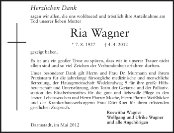 Traueranzeige von Ria Wagner von Echo-Zeitungen (Gesamtausgabe)