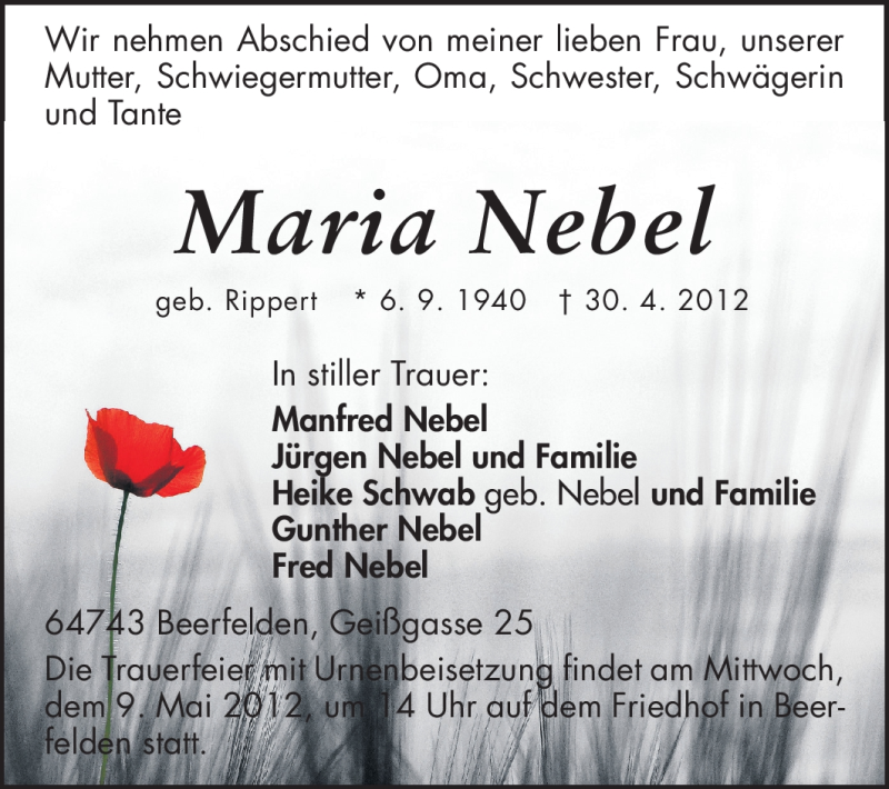  Traueranzeige für Maria Nebel vom 05.05.2012 aus Odenwälder Echo