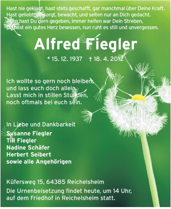 Traueranzeige von Alfred Fiegler von Echo-Zeitungen (Gesamtausgabe)