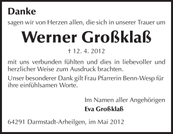 Traueranzeige von Werner Großklaß von Echo-Zeitungen (Gesamtausgabe)