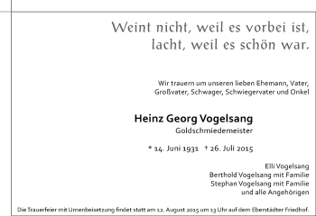 Traueranzeige von Heinz Georg Vogelsang von trauer.echo-online.de