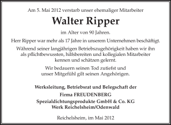 Traueranzeige von Walter Ripper von Odenwälder Echo