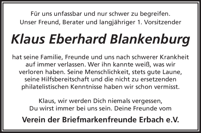 Traueranzeige für Klaus Eberhard  Blankenburg vom 18.05.2012 aus Odenwälder Echo