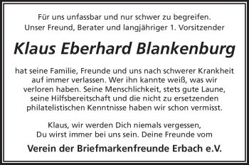 Traueranzeige von Klaus Eberhard  Blankenburg von Odenwälder Echo