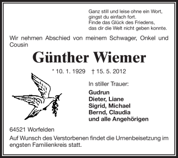 Traueranzeige von Günther Wiemer von Rüsselsheimer Echo, Groß-Gerauer-Echo, Ried Echo