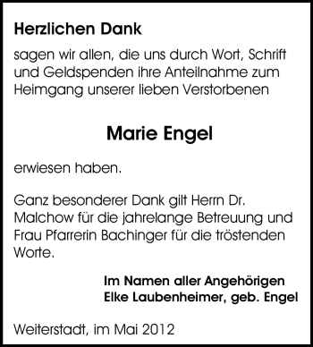Traueranzeige von Marie Engel von Echo-Zeitungen (Gesamtausgabe)