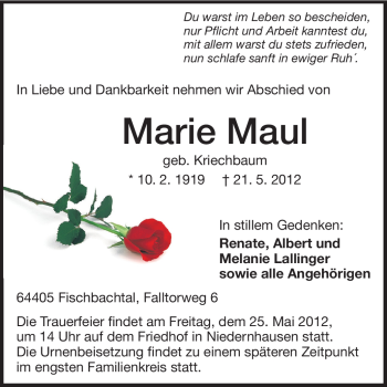 Traueranzeige von Marie Maul von Echo-Zeitungen (Gesamtausgabe)