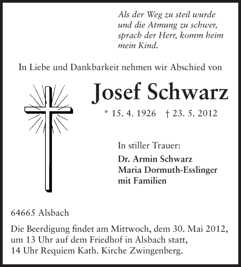  Traueranzeige für Josef Schwarz vom 26.05.2012 aus Echo-Zeitungen (Gesamtausgabe)
