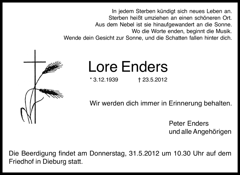  Traueranzeige für Lore Enders vom 30.05.2012 aus Echo-Zeitungen (Gesamtausgabe)