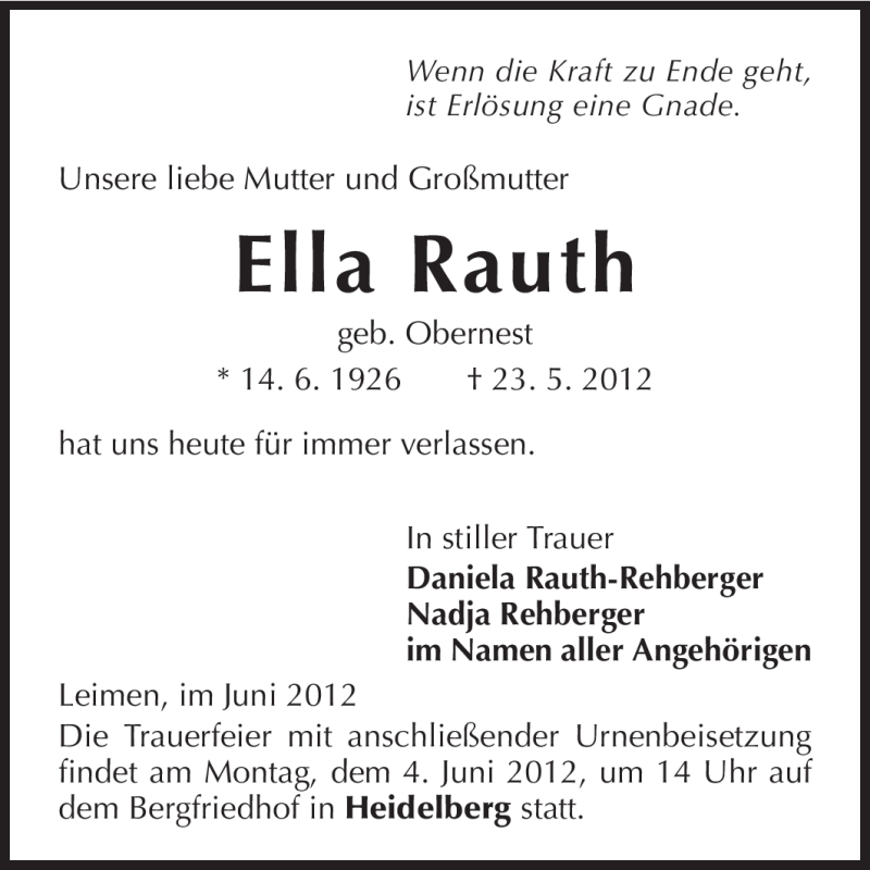  Traueranzeige für Ella Rauth vom 02.06.2012 aus Echo-Zeitungen (Gesamtausgabe)