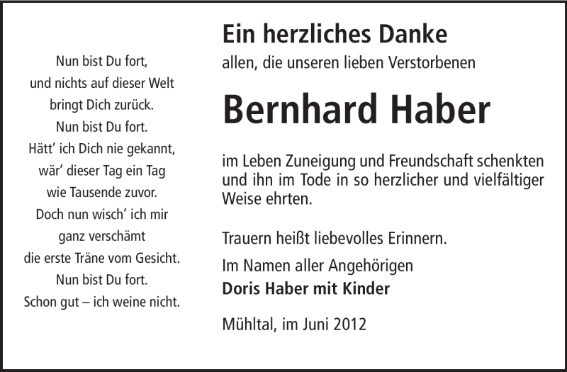  Traueranzeige für Bernhard Haber vom 02.06.2012 aus Echo-Zeitungen (Gesamtausgabe)