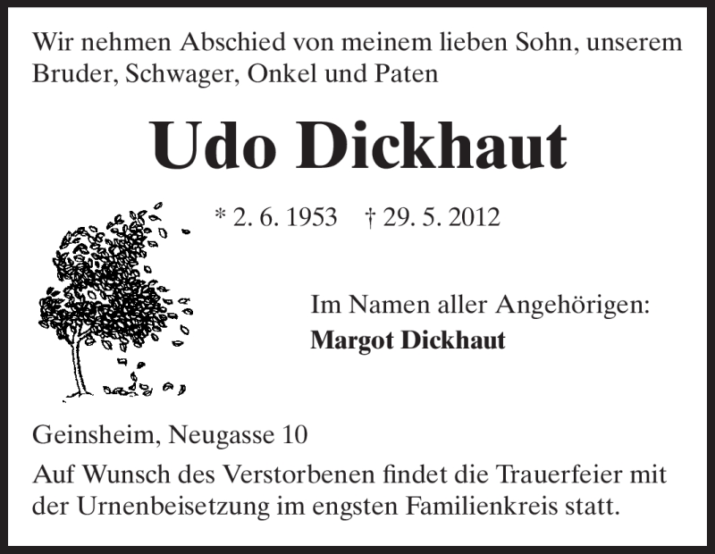  Traueranzeige für Udo Dickhaut vom 01.06.2012 aus Rüsselsheimer Echo, Groß-Gerauer-Echo, Ried Echo