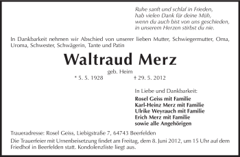 Traueranzeige von Waltraud Merz von Odenwälder Echo